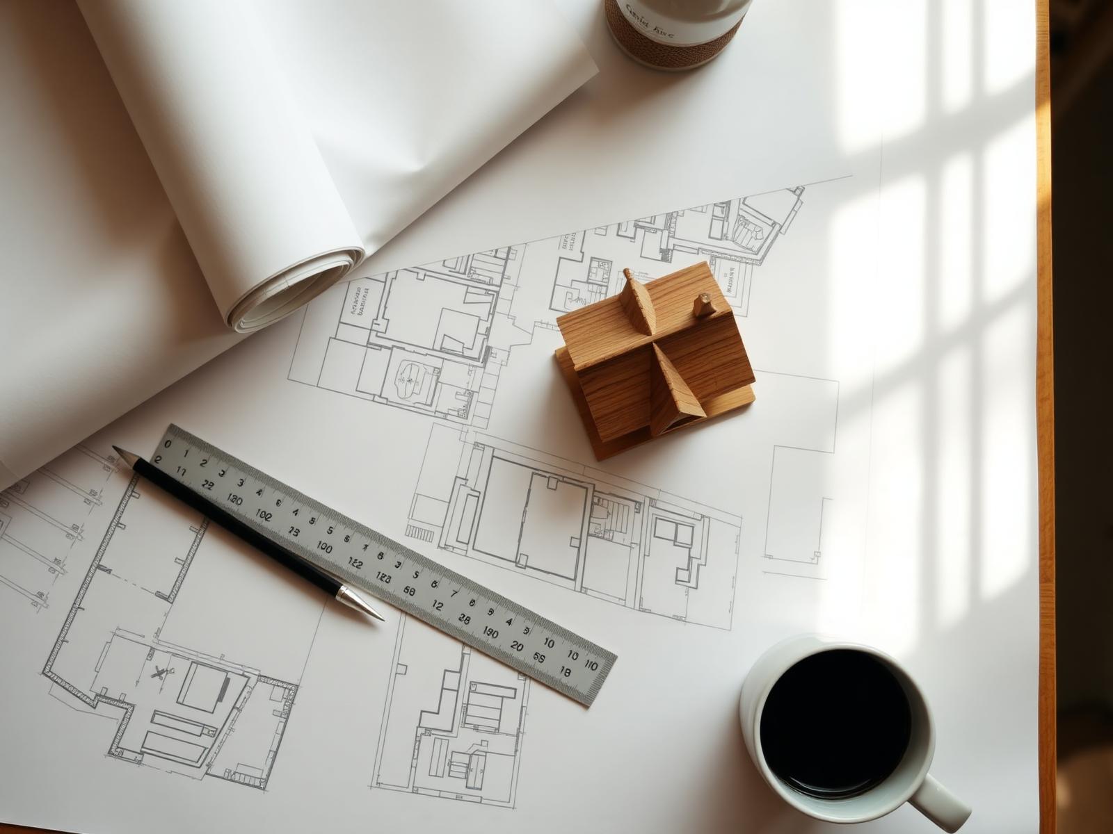 Drafting desk with blueprints